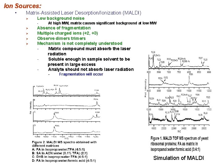 Ion Sources: • Matrix-Assisted Laser Desorption/Ionization (MALDI) Ø Low background noise - Ø Ø