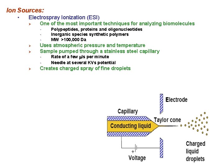 Ion Sources: • Electrospray Ionization (ESI) Ø One of the most important techniques for