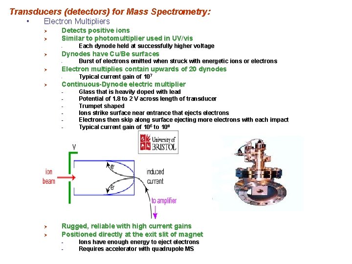 Transducers (detectors) for Mass Spectrometry: • Electron Multipliers Ø Ø Detects positive ions Similar