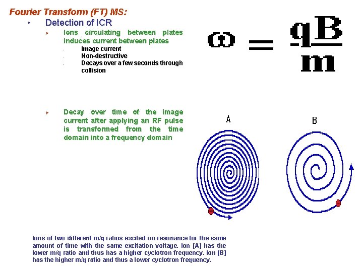 Fourier Transform (FT) MS: • Detection of ICR Ø Ions circulating between plates induces