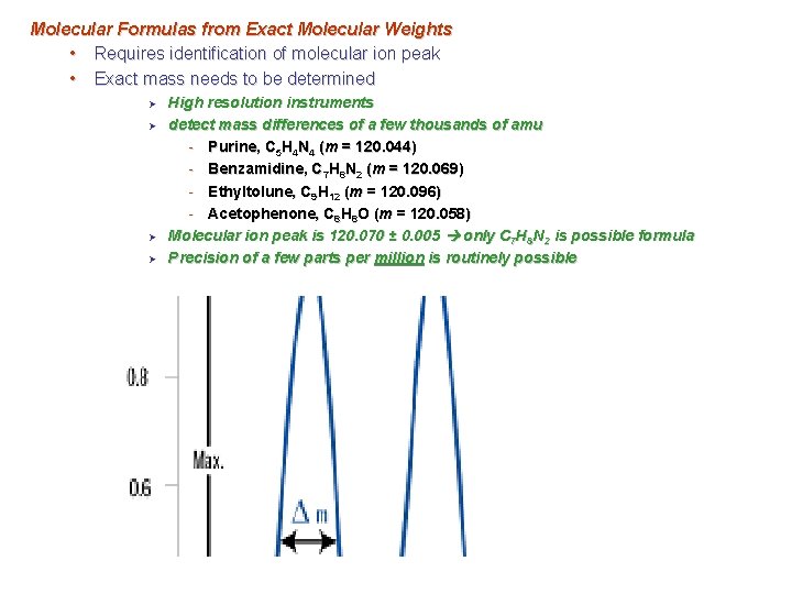 Molecular Formulas from Exact Molecular Weights • Requires identification of molecular ion peak •