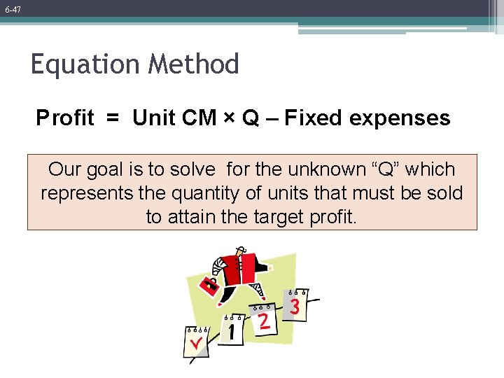 6 -47 Equation Method Profit = Unit CM × Q – Fixed expenses Our