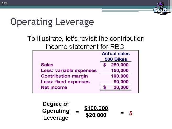 6 -81 Operating Leverage To illustrate, let’s revisit the contribution income statement for RBC.