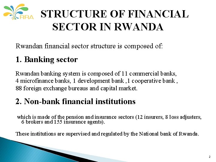 STRUCTURE OF FINANCIAL SECTOR IN RWANDA Rwandan financial sector structure is composed of: 1. STRUCTURE OF FINANCIAL SECTOR IN RWANDA Rwandan financial sector structure is composed of: 1.
