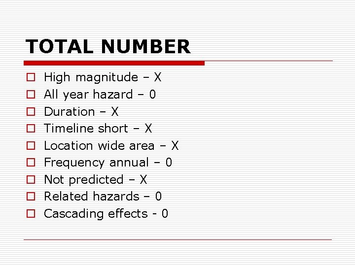 TOTAL NUMBER o o o o o High magnitude – X All year hazard