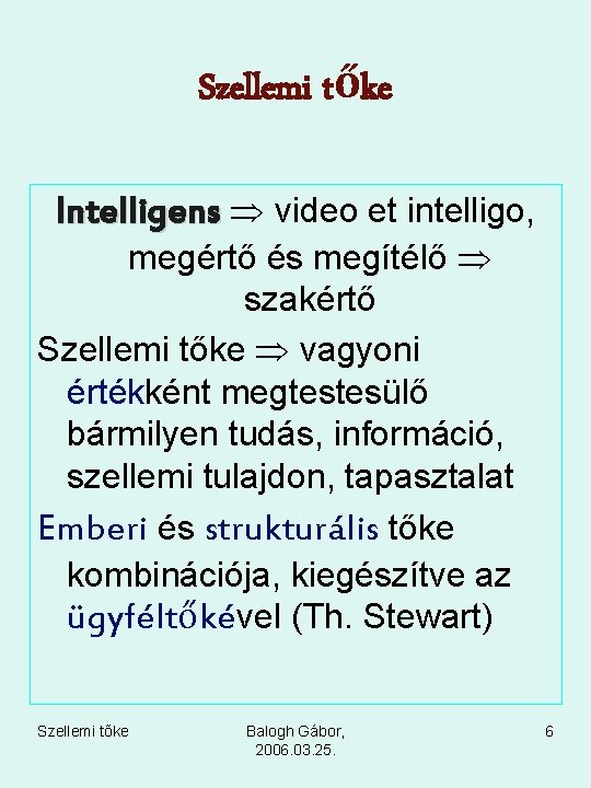 Szellemi tőke Intelligens video et intelligo, megértő és megítélő szakértő Szellemi tőke vagyoni értékként