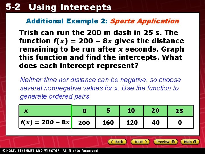 5 -2 Using Intercepts Additional Example 2: Sports Application Trish can run the 200