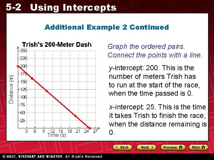 5 -2 Using Intercepts Additional Example 2 Continued Graph the ordered pairs. Connect the