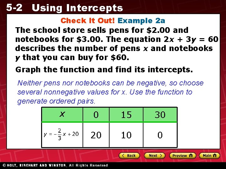 5 -2 Using Intercepts Check It Out! Example 2 a The school store sells