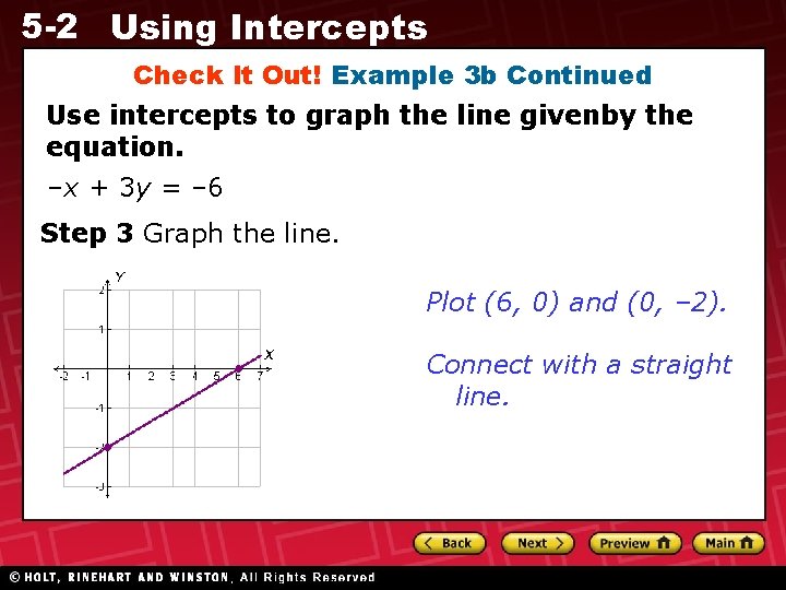 5 -2 Using Intercepts Check It Out! Example 3 b Continued Use intercepts to