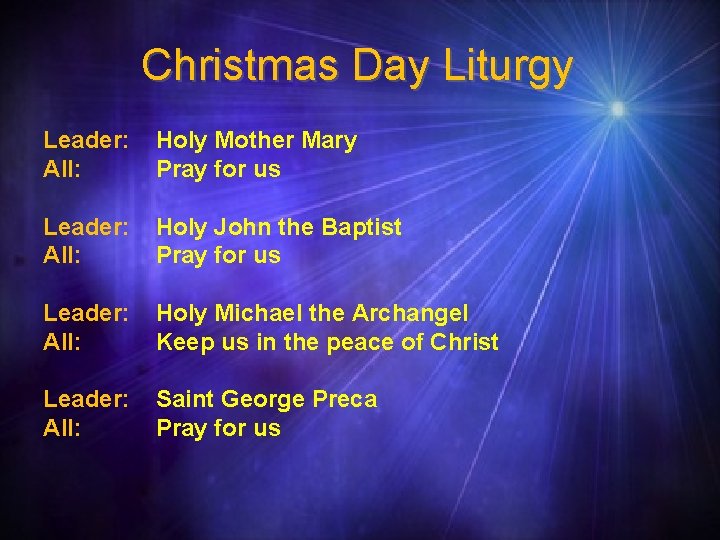 Christmas Day Liturgy Leader: All: Holy Mother Mary Pray for us Leader: All: Holy