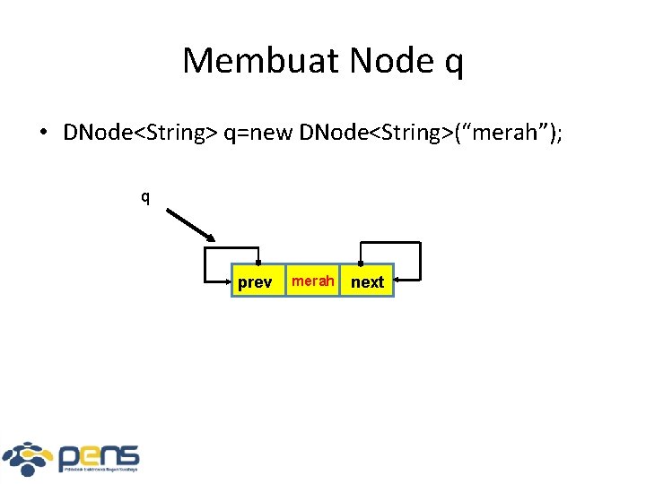 Membuat Node q • DNode<String> q=new DNode<String>(“merah”); q prev merah next 