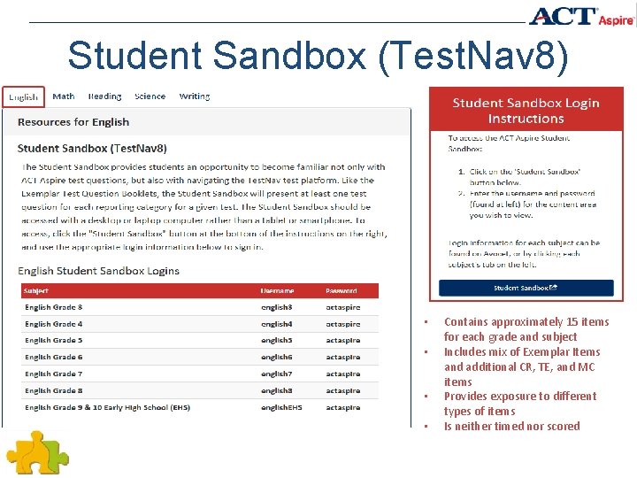 Student Sandbox (Test. Nav 8) • • 23 Contains approximately 15 items for each Student Sandbox (Test. Nav 8) • • 23 Contains approximately 15 items for each