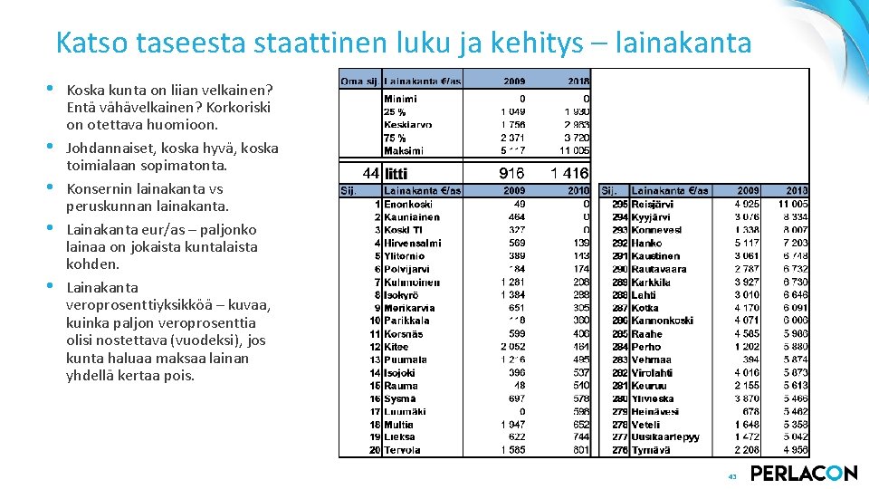 Katso taseesta staattinen luku ja kehitys – lainakanta • • • Koska kunta on