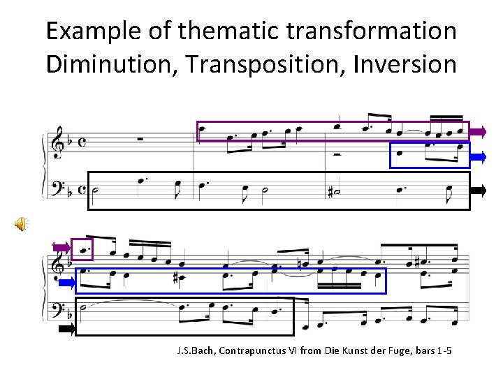 Example of thematic transformation Diminution, Transposition, Inversion J. S. Bach, Contrapunctus VI from Die