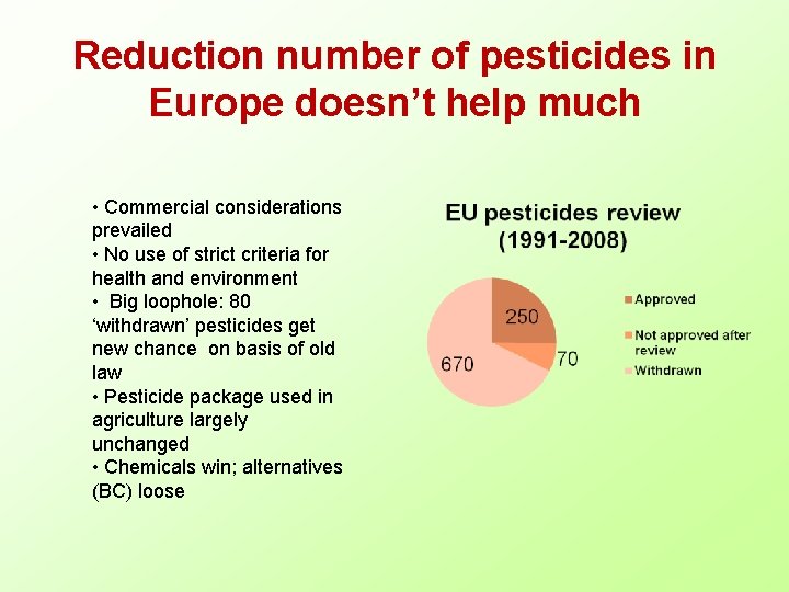 Reduction number of pesticides in Europe doesn’t help much • Commercial considerations prevailed •