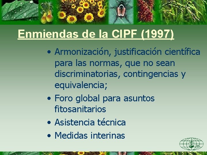 Enmiendas de la CIPF (1997) • Armonización, justificación científica para las normas, que no