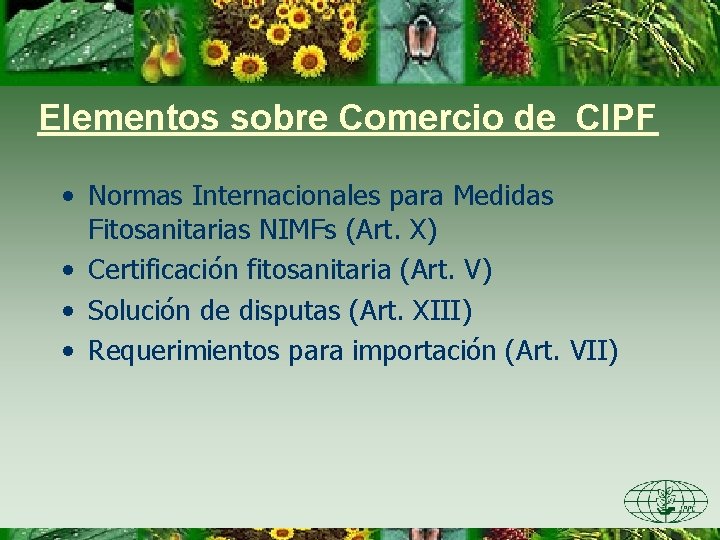 Elementos sobre Comercio de CIPF • Normas Internacionales para Medidas Fitosanitarias NIMFs (Art. X)