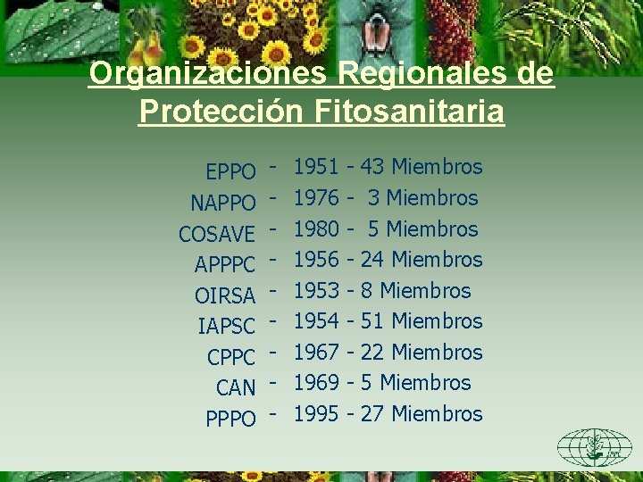 Organizaciones Regionales de Protección Fitosanitaria EPPO NAPPO COSAVE APPPC OIRSA IAPSC CPPC CAN PPPO
