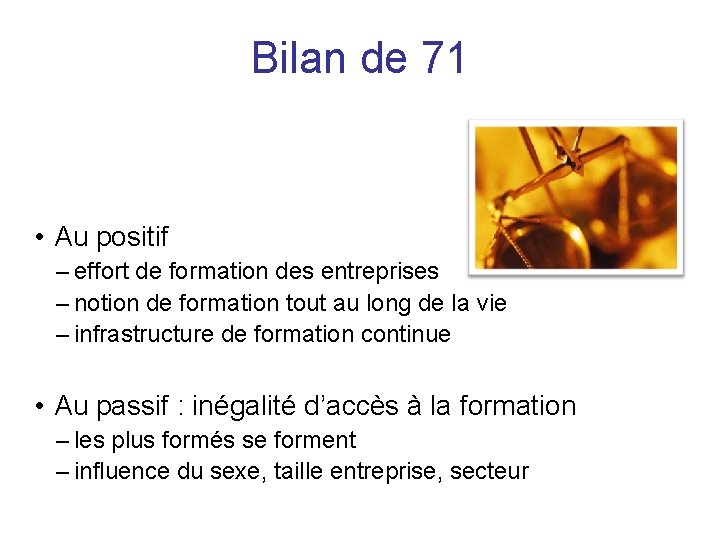 Bilan de 71 • Au positif – effort de formation des entreprises – notion