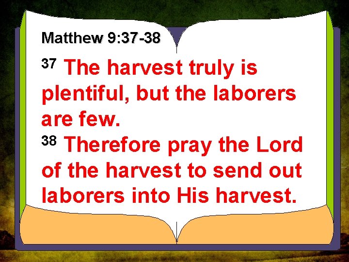 Matthew 9: 37 -38 The harvest truly is plentiful, but the laborers are few.