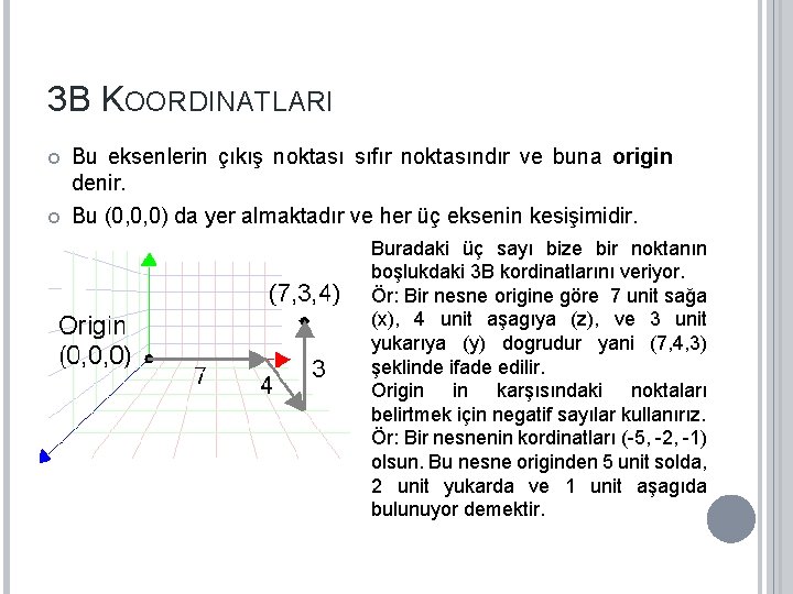 3 B KOORDINATLARI Bu eksenlerin çıkış noktası sıfır noktasındır ve buna origin denir. Bu 3 B KOORDINATLARI Bu eksenlerin çıkış noktası sıfır noktasındır ve buna origin denir. Bu