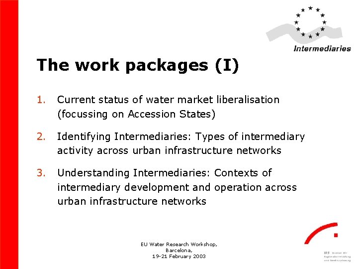 The work packages (I) 1. Current status of water market liberalisation (focussing on Accession