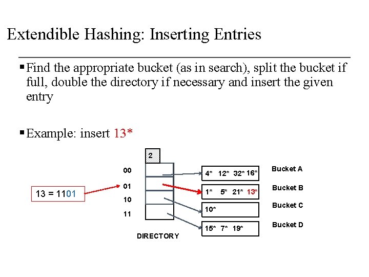 Extendible Hashing: Inserting Entries § Find the appropriate bucket (as in search), split the