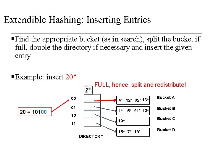 Extendible Hashing: Inserting Entries § Find the appropriate bucket (as in search), split the