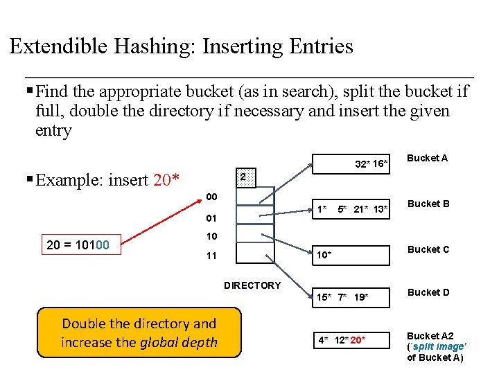 Extendible Hashing: Inserting Entries § Find the appropriate bucket (as in search), split the