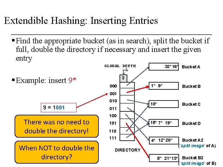 Extendible Hashing: Inserting Entries § Find the appropriate bucket (as in search), split the