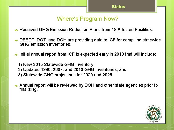 Status Where’s Program Now? Received GHG Emission Reduction Plans from 18 Affected Facilities. DBEDT,
