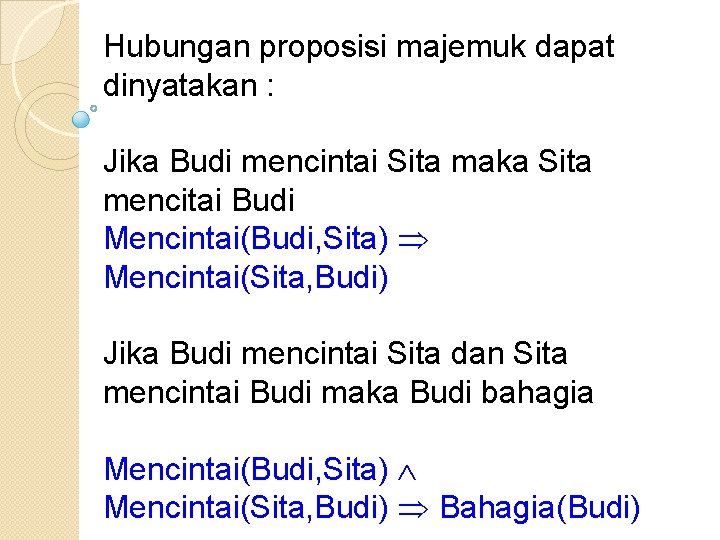 Hubungan proposisi majemuk dapat dinyatakan : Jika Budi mencintai Sita maka Sita mencitai Budi