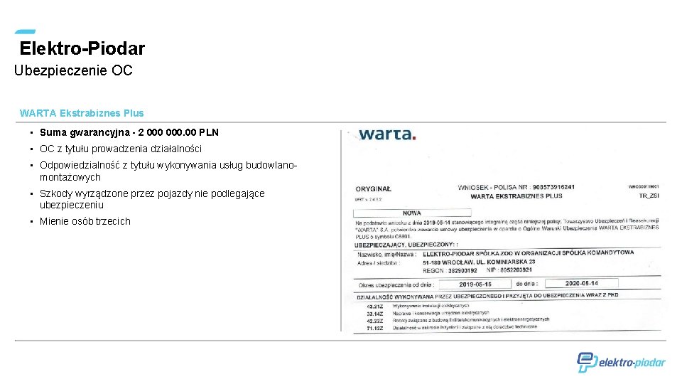 Elektro-Piodar Ubezpieczenie OC WARTA Ekstrabiznes Plus • Suma gwarancyjna - 2 000. 00 PLN