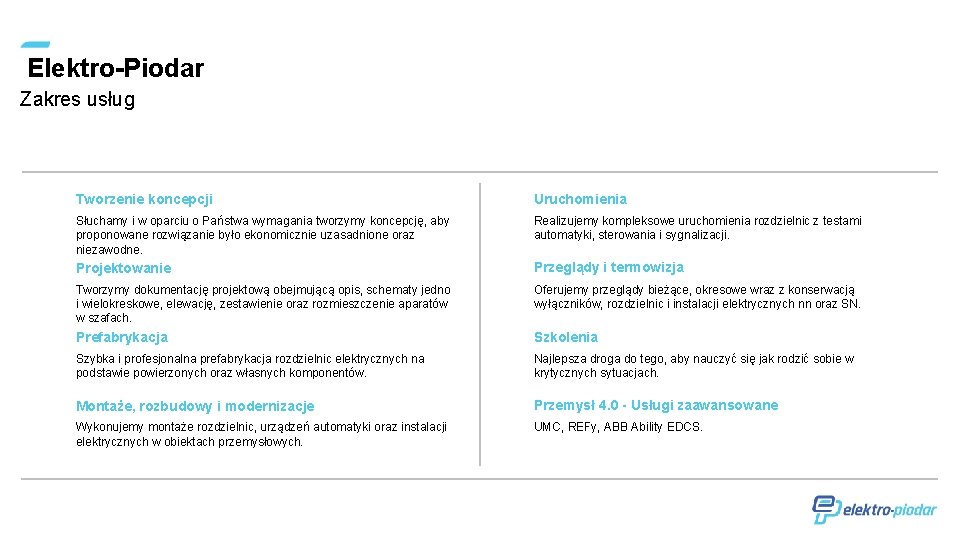 Elektro-Piodar Zakres usług Tworzenie koncepcji Uruchomienia Słuchamy i w oparciu o Państwa wymagania tworzymy