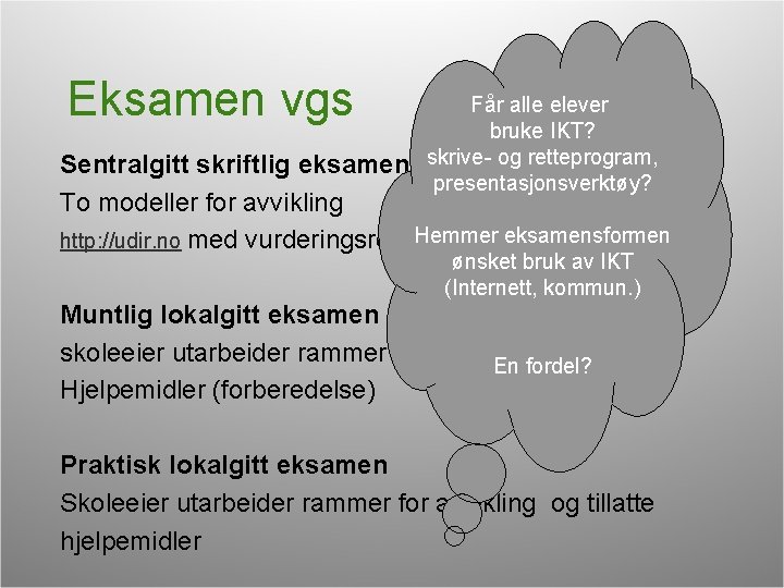 Eksamen vgs Får alle elever bruke IKT? skrive- og retteprogram, presentasjonsverktøy? Sentralgitt skriftlig eksamen