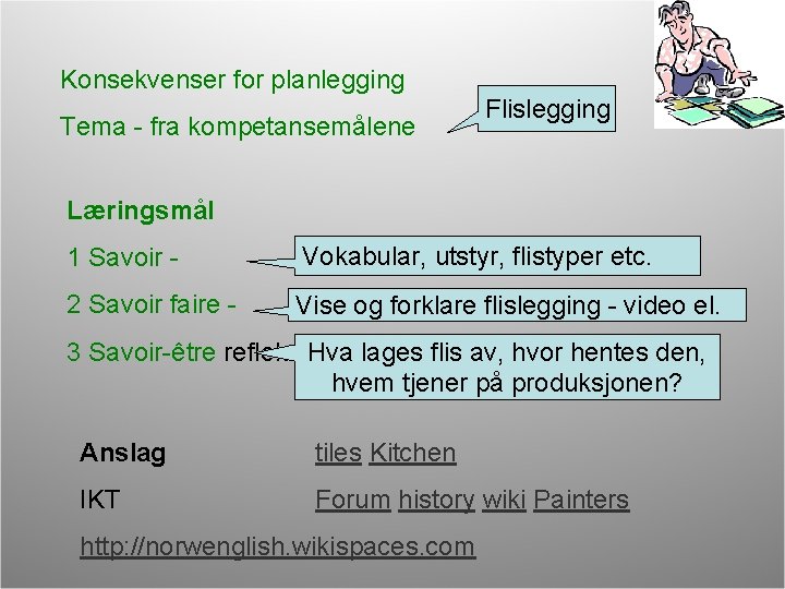 Konsekvenser for planlegging Tema - fra kompetansemålene Flislegging Læringsmål 1 Savoir - Vokabular, utstyr,