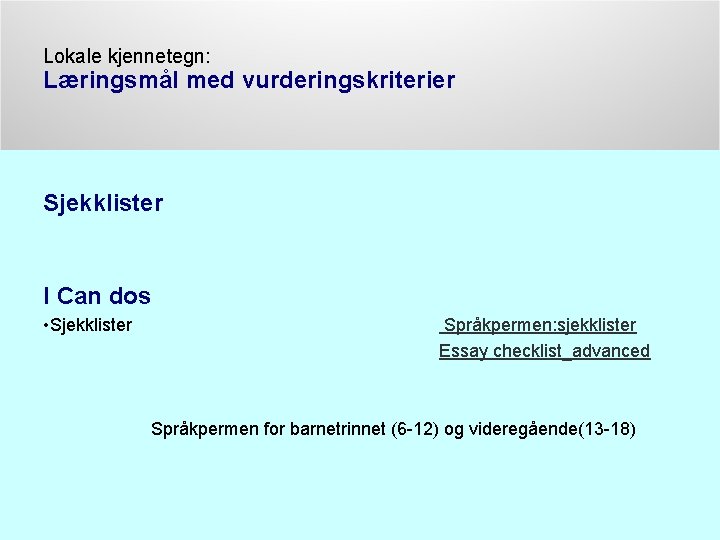 Lokale kjennetegn: Læringsmål med vurderingskriterier Sjekklister I Can dos • Sjekklister Språkpermen: sjekklister Essay