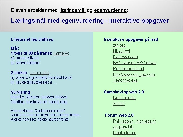 Eleven arbeider med læringsmål og egenvurdering: Læringsmål med egenvurdering - interaktive oppgaver L’heure et