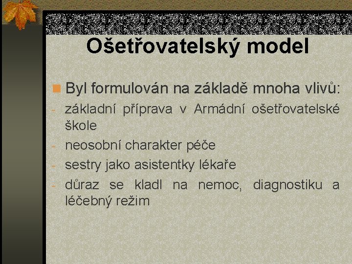 Ošetřovatelský model n Byl formulován na základě mnoha vlivů: - základní příprava v Armádní