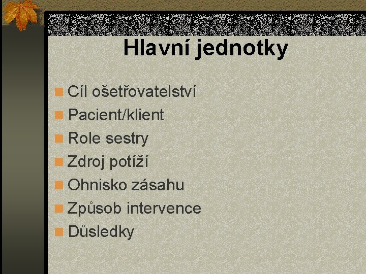 Hlavní jednotky n Cíl ošetřovatelství n Pacient/klient n Role sestry n Zdroj potíží n