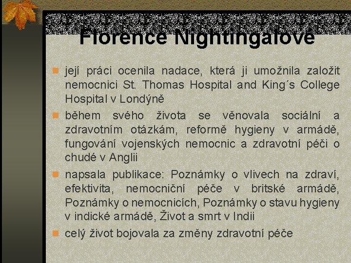 Florence Nightingalové n její práci ocenila nadace, která ji umožnila založit nemocnici St. Thomas