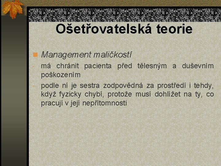 Ošetřovatelská teorie n Management maličkostí - má chránit pacienta před tělesným a duševním poškozením
