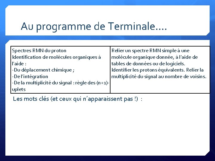 Au programme de Terminale…. Spectres RMN du proton Identification de molécules organiques à l’aide