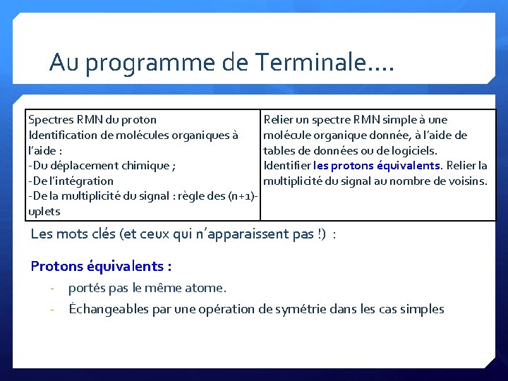 Au programme de Terminale…. Spectres RMN du proton Identification de molécules organiques à l’aide