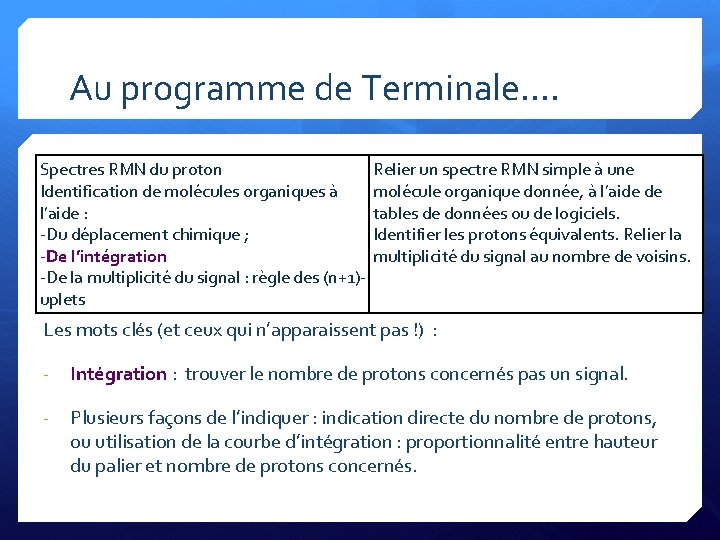 Au programme de Terminale…. Spectres RMN du proton Identification de molécules organiques à l’aide