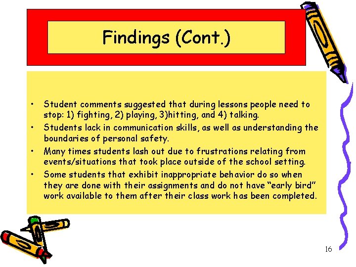 Findings (Cont. ) • • Student comments suggested that during lessons people need to