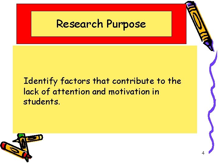 Research Purpose Identify factors that contribute to the lack of attention and motivation in