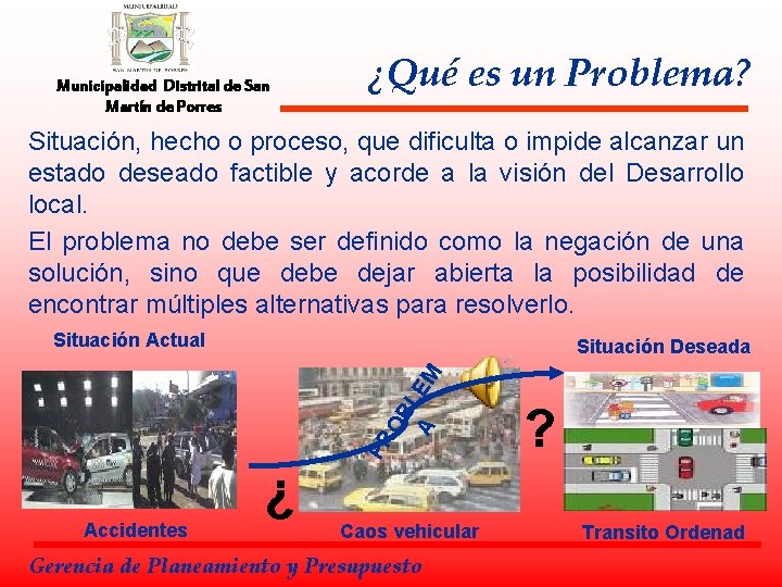 Municipalidad Distrital de San Martín de Porres ¿Qué es un Problema? Situación, hecho o
