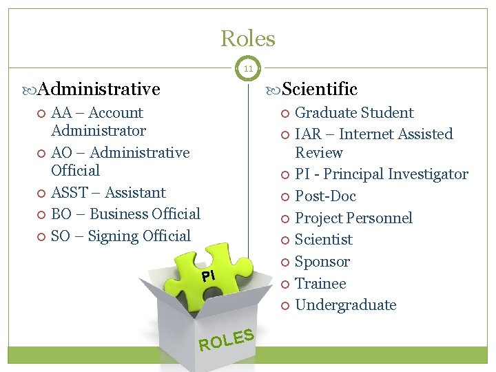 Roles 11 Administrative Scientific AA – Account Administrator AO – Administrative Official ASST –